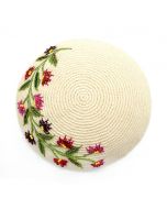 Floral Beaded Crochet Kippah: Cream with Red Flowers