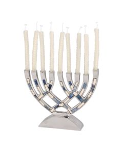 Aluminum Menorah with Blue and White Enamel Detail