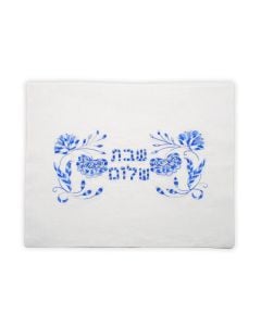 Blue Floral Embroidered Linen Challah Cover