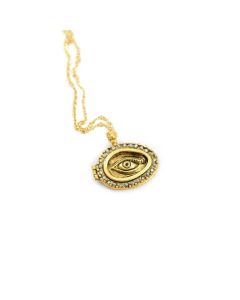Brass Evil Eye Locket Necklace with Grey Pearls by Ariana Ost