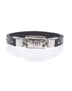 Chai Bracelet by Alef Bet Jewlery: Black Leather