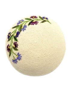 Floral Beaded Crochet Kippah: Cream with Purple Flowers