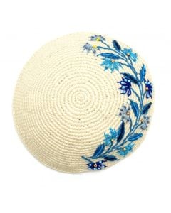 Floral Beaded Crochet Kippah: Cream with Blue Flowers