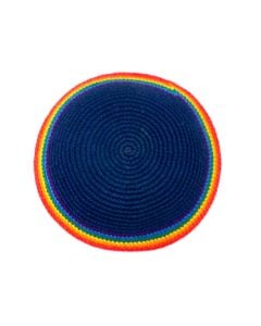 Fair Trade Knit Kippah by Mayan Hands: Navy with Rainbow Border