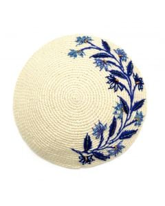 Floral Beaded Crochet Kippah: Cream with Sapphire Flowers