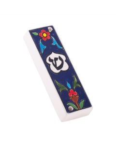 Handpainted Ceramic Floral Mezuzah: Navy with Red Flowers