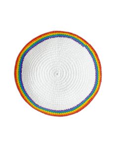 Fair Trade Knit Kippah by Mayan Hands: White with Rainbow Border