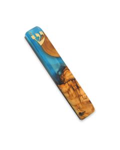 Olive Wood and Resin Mezuzah by Eial Ovin: Blue