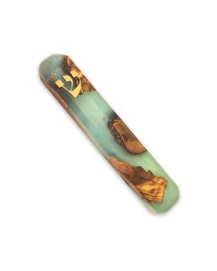 Olive Wood and Resin Mezuzah by Eial Ovin: Turquoise