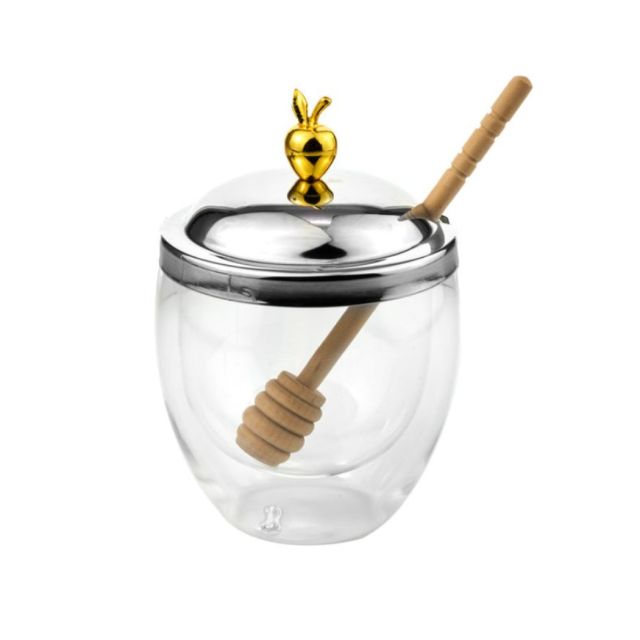 Double Wall Glass Honey Pot with Wood Dipper