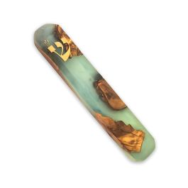 Olive Wood and Resin Mezuzah by Eial Ovin: Turquoise